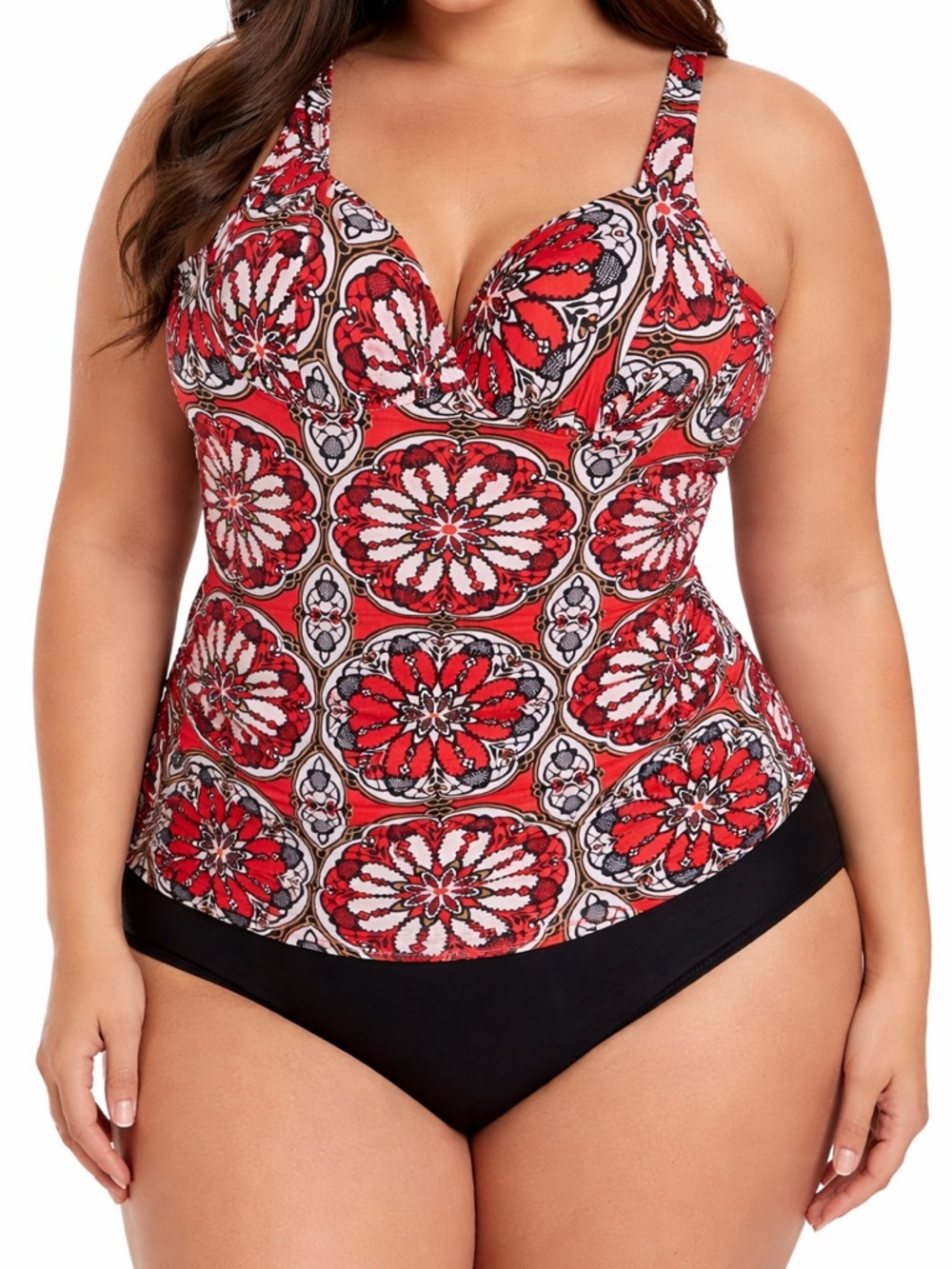 Swim by Cacique 44C Tankini Top Red Black Swimsuit Lane Bryant  Beach Resort